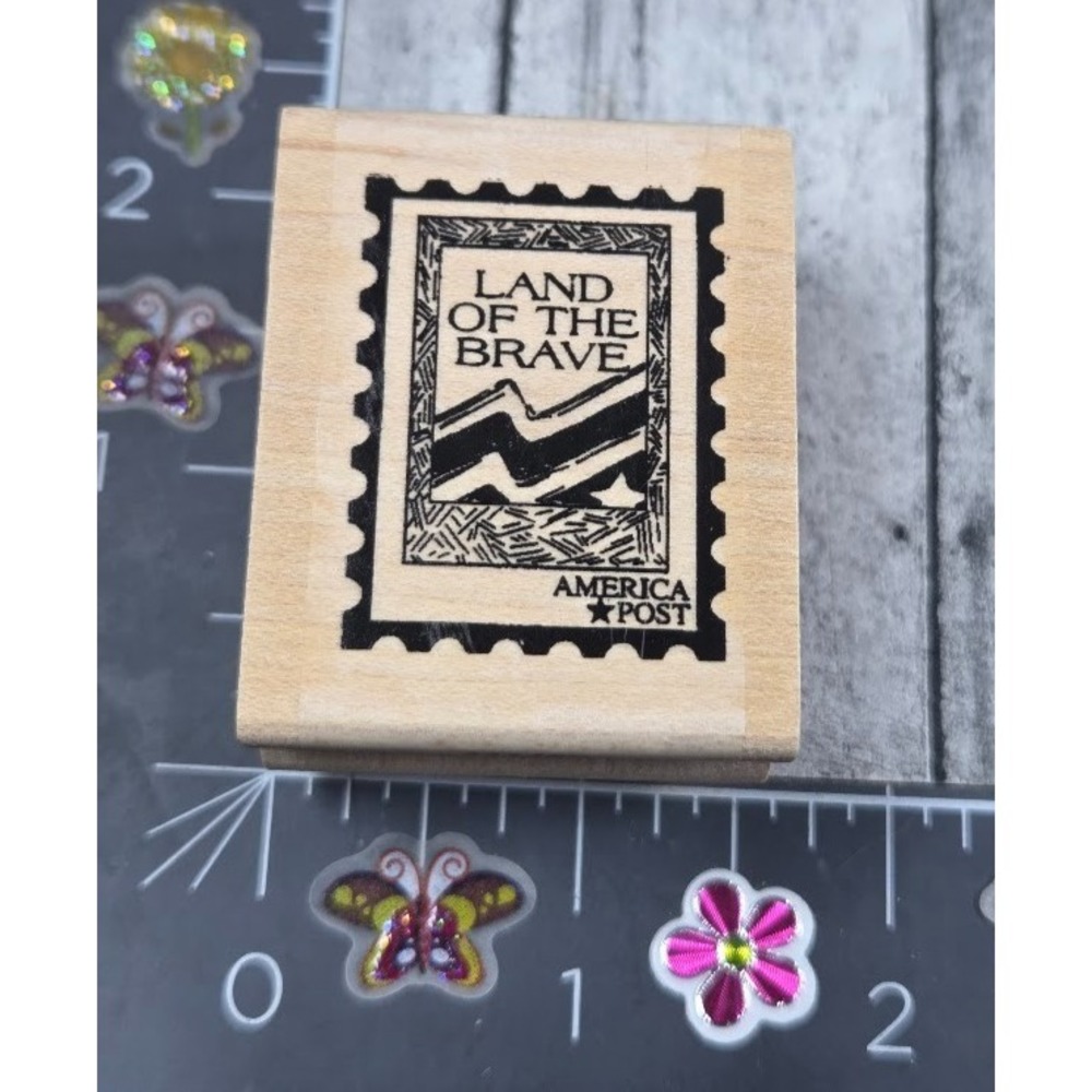 Stampington & Co. Land of the Brave America Post M4450 Rubber Stamp Wood #Q30
